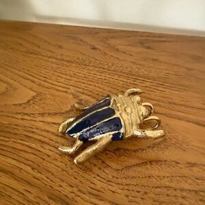 Vintage Brass Blue And Gold Beetle With Hooks On Back to Hang on Planter